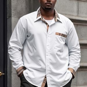 Klassiek Geruit Herenoverhemd met Lange Mouwen en Contrast - Verfijnd Zakelijk Casual, Polyester, Machinewasbaar met Borstzak & Kwastdetail, Geschikt voor Alle Seizoenen, GROTE MATEN