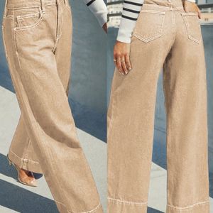 Dames Klassieke Khaki Rechte Pijpen Jeans | High Stretch Relaxed Fit Bootcut Broek, Mid Rise Gewassen , Y2K Vintage Casual Wijde Pijpen Broek voor Dagelijks Gebruik & Reizen
