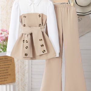 8-12 Jaar Meisjes Set - Herfst/Winter Wijde Pijpen Broek 2-delige Lichtgekleurde Volwassen Stijl Outfit met Retro Dubbelrijig Design + Riem, Gedrapeerde Wijde Lange Broek, voor Buiten