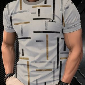 Heren Stripe Grafische T-shirt - Zwart met gouden accenten, korte mouw ronde hals, casual zomer T-shirt voor heren, stijlvol dagelijks | Geometrisch shirt | Comfortabel Fi
