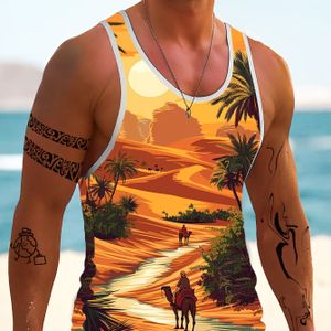 Heren Casual Tank Top in Hawaïaanse Stijl met Tropische Strandontwerpen met 3D Digitale Prints, Mouwloos voor Fitness, Vakantie, Thuis Ontspanning en Buitenactiviteiten.