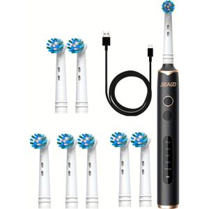 Roterende tandenborstel met 5 reinigingsmodi, 8 vervangende borstelkoppen, 2 verschillende configuraties van borstelkoppen, snelle oplading, waterdicht IPX7, zwarte elektrische tandenborstel.