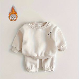Unisex 'Tweedelige Daisy Geborduurde Lange Mouwen Top en Broek Set, Fleece Gevoerde Verdikte Outfit voor Herfst/Winter, Perfect Voor