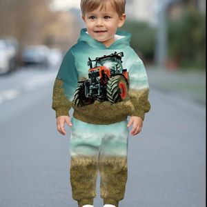 Tractor & Landbouwvoertuig Print Hooded Sweatsuit Set - Matching Tracksuit met Trui & Broek, Wasmachinebestendig Lente/Herfst Casual Speelkleding, Tractor-Thema Outfit, Perfect voor Buiten