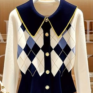 Vrouwen' tot Party Trui - Marineblauw & Witte Top, Lange Mouwen Knoopsluiting met Elegante Kraag voor Formele Dagelijkse Outfits LL425, Dames Truien, Veelzijdig , Gestructureerd Gebreid