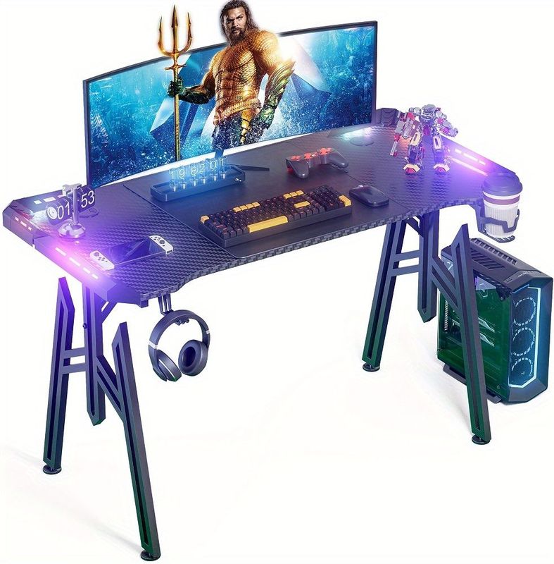 1pc Black Gaming Desk With Headphone Holder & Cup Holder, Frame, Carbon Fiber Surface, 120x60cm/140x60cm/160x60cm, Office & Gaming Setup, Office Workstation | Modern Gaming Desk | Functional Desk