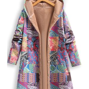 Plus Size Patchwork Print Voorkant Jas, Casual Lange Mouw Gehaakte Fuzzy Buitenkleding Voor Winter & Herfst, Vrouwen Plus Size Kleding