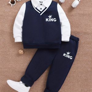 Jongens 2- outfit set, polyester, reguliere pasvorm, feeststijl, stretchstof, letterdruk, knoopdetail, lente/herfst/wintercollectie, lange mouwen shirt en broek combinatie, voor buiten