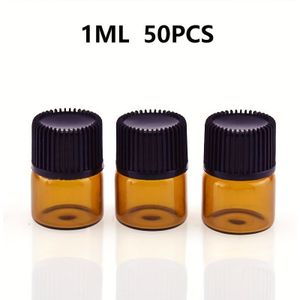50 stuks Mini Essentiële Olie Flessenjes - 1/2/3/5ml Amberkleurige Glazen Potjes met Mondstukverkleiners & Doppen, Hypoallergeen, Navulbare Make-up Monstercontainers voor Reizen - Bescherming