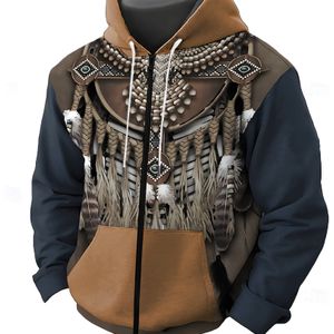 1pc Heren Casual Novelty Etnische Digitale Print Zip-Up Hoodie met Kangoeroe Zak, Polyester Breiselstof, Lichte Stretch, Regular Fit Hoodie, Plus Size