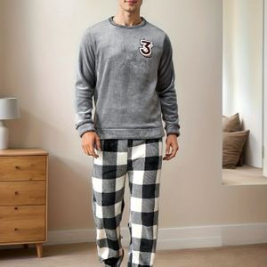 Winterse warme heren pyjamaset - Geometrisch gepatrouilleerde polyester gebreide stof, top met ronde hals en lange mouwen en loszittende broek, licht rekbare comfortabele nachtkleding
