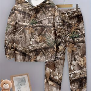 Set Jongens 3D Print Camouflage Hoodie en Broek, Casual Polyester Truien, Elastische Reguliere Pasvorm, voor Vrije Tijd en Buitenactiviteiten, Lente/Herfst Collectie, voor Buiten