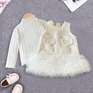 2- Herfst- en voor Meisjes: Schattige Elegante Prinsessenjurk met Mouwloze Geplooide Mesh Puff-Mouwen Rok en Kleur Geribbelde Hoge-Hals Lange Mouw Top, Perfect voor Buiten