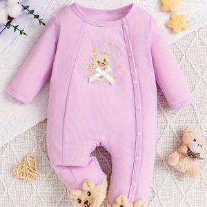 Windkids Baby MEISJE Kindermode Schattige Vier-Seizoen Comfortabele Beer Borduurwerk Kleur Ronde Hals Paarse Lange Mouw Voetje Romper Jumpsuit, Perfect voor Buiten