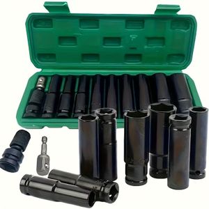 11- 1/2 inch Slagsleutel Dopsleutelset + Adapter - Koolstofstaal, 10-24mm Zeskantgereedschap voor Autoreparatie Inclusief Draagbare Opbergdoos