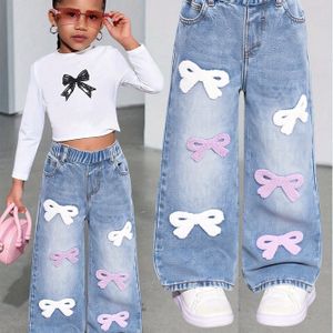Meisjes Jeans met Strikjes, Modieuze Jeans met Print voor Kleine Meisjes, Casual Jeans voor Meisjes, Trendy Veelzijdige Rechte Pijpen Jeans, Vakantiebroek, Kerst & Halloween Must-haves