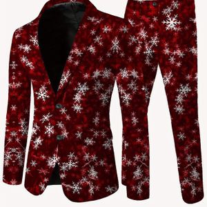 Herenslank passend casual modepak - Rood en witte sneeuwvlokkenpatroon, lange mouwen met zakken, polyester mengsel, alle seizoenen draagbaar, stijlvol voor casual kleding