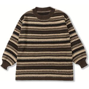 Gestreepte gebreide trui met print, elegante trui met ronde hals en lange mouwen, dameskleding