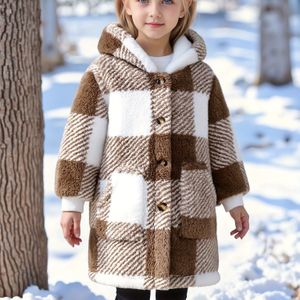 Gezellige Meisjes Pluche Fleece-Gevoerde Lange Capuchonjas met Knoopsluiting - Elegant, Machinewasbaar, Polyester - Perfect voor Alle Seizoenen, Winterkleding voor Meisjes