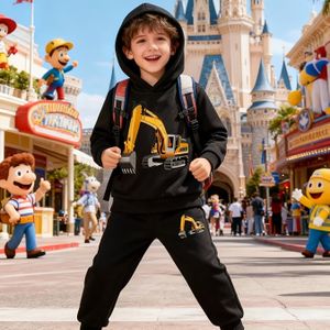 Jongens Casual Hoodie 2- Set met Graafmachine Print - Gezellige Gebreide Pullover & Broek, Zwart & Wit Bouwthema, Perfect voor Herfst/Winter, Comfortabele Lange Mouwen Broek, Perfect voor Buiten