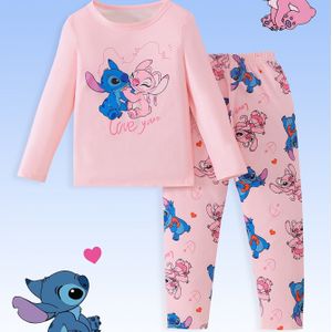 Disney Meisjes 2-delige Pyjama Set, Stitch en Print Design, Lichtroze Ronde Hals Lange Mouwen T-Shirt & Bedrukte Broek, Comfortabele Casual Huiskleding voor Lente/Herfst Seizoen