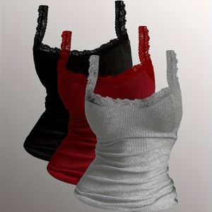 3-delige Dames Casual Mode Multicolor Hoge Stretch Textuur Dikke Camisole Kant Vest Set