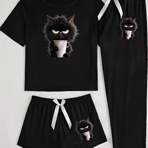 Dames' schattige kat-geïnspireerde -delige loungewear set