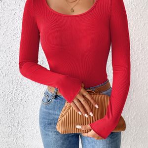 Dames Rood Lange Mouw Boot Hals Crop Top - Casual, Skinny Fit, Stretchy Stof, Stijl, Casual Kleding|Boot Hals Top|Stretchy Material