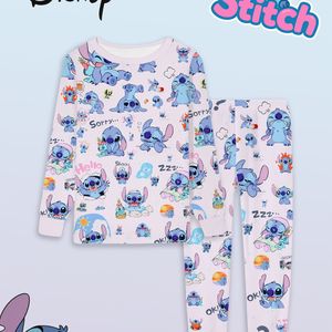 Disney Thema Lange Mouwen Set, Stitch in Verschillende Print, Trekkoord Ontwerp, Gebreide Ademende Stof, Geschikt voor 2-9 Jaar Oud Kinderen All-Seizoen Pyjama Outfit, Machinewasbaar
