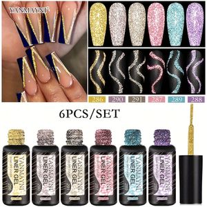 YANMAYNI Reflectieve Glitter Nagellak Gel Liner - 6 Kleuren, 5ml Elk, Goud, Zilverblauw, Paarsroze, LED Soak Off Curing, Vereist voor Desig