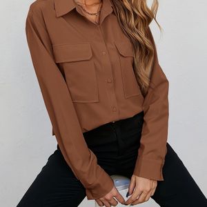 1pc Elegante Plus Size Vrouwen Polyester Lange Mouw Overhemd met Klepzakken, Reverskraag, Kleur, Niet-Stretch Geweven Stof, Knoopsluiting voor Lente/Herfst
