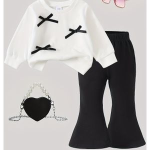 Schattige Roze Strik & Kruis Ontwerp Lange Mouw Top en Wijd Uitlopende Broek Set voor Baby Meisjes - Zachte Gebreide Outfit voor Herfst & Winter, Speelse Design, Zacht Gebreid Stof, voor Buiten