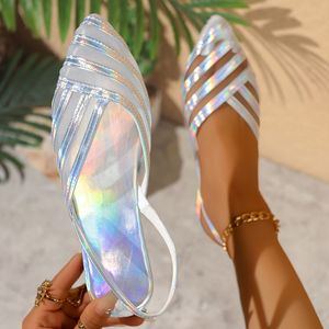 Een Paar Hoogwaardige Zilveren Mesh Vetersandalen, Laser Kleurrijke Gestreepte Sandalen, Geschikt voor Buiten, Dates, Feesten en Diverse Gelegenheden, Mooie Modieuze Puntige Teen Sandalen