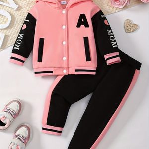 2- Meisjes Broekpak Herfst en Winter Nieuw "Ik Hou van Mama" Print Letterborduurwerk met Zakken Lange Mouw Vest Hoodie + Kleur Bijpassende Broekpak Meisjes Sweatshirt Honkbal Uniform