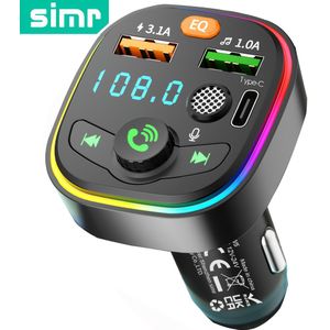Simr Premium Draadloze Auto MP3-speler met FM-zender, Dubbele USB Type C Snellader, Handsfree , LED Display, Eén- Geluidseffect Controle, Compatibiliteit voor 12V-24V Voertuigen, Radio Adapter