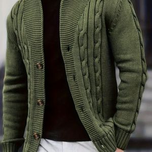 Olijfgroene Kabelgeweven Vest met Knopsluiting - Casual Lange Mouw Trui voor Herfst/Winter, Pasvorm Standklep, Kleur, Herfst Winter Kleding | Standklep Trui | Gebreide Constructie, Trui Vest