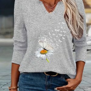 Bloemenprint, Libel, Vlinder, Geschenk voor haar, Gedrukte lente- en zomermodieuze eenvoudige dames casual V-hals kwart mouw T-shirt 79-A41-2542618
