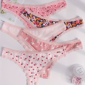 5-delige set Dames Contrast Kant Stringen Schattig Bloemenpatroon Multicolor Assortiment Ondergoed