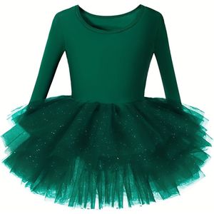 Meisjes Roze Ballet Tutu Jurk met Lange Mouwen, Meerdere Lagen Tule, Ronde Hals, Sterren Pailletten Accenten, voor Feestoptredens, Gymnastiek, Avondjurken, Verjaardagsfeestjes, Podiumoptredens