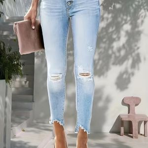 Dames Skinny Jeans met Hoge Taille, en Gescheurde Zoom & Knieën - Wasblauwe Denim Broek voor Alle Seizoenen, Casual tot Chique Outfits (Wasbaar in de Machine)