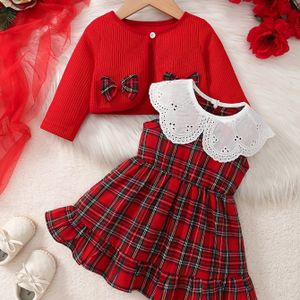 2 stuks Kinder Kerst Jurk + Strik Vest Set Herfst/Winter Outfit, Ideaal voor Buiten