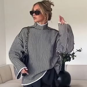 2025 Herfst/Winter Nieuwe Europese en Amerikaanse Mode Dames Zwart-Wit Losse Hoge Kraag Gestreepte Pullover Top