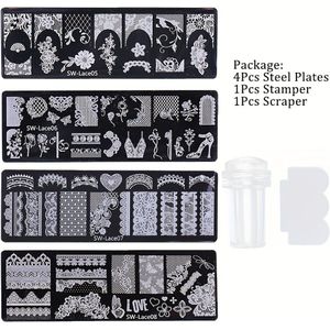 4-delige Kanten Bloem Nagelkunst Stempelplaten Set 3D Hart Strik Roos Pols Afdruk Sjabloon Hoge Hakken Nagelkunst Sjablonen Manicure Gereedschap