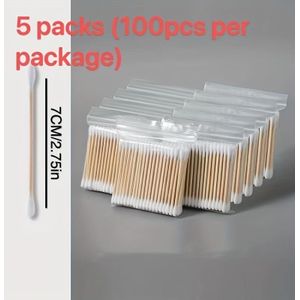 Verpakking van 500 dubbelzijdige wattenstaafjes, ontworpen voor eenmalig gebruik, met een zak voor gemakkelijke opslag.