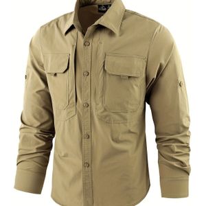 Heren Sneldrogende Multi-Zakken Cargo Shirt Jacket met Knoopsluiting, Borstzakken & Gereedschapsriemlussen - Losse Pasvorm Zware Werkkleding voor Camping, -Stijl (Nee, Wasmachinebestendig)