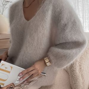 Plus Size - Dames Oversized V-Hals Trui - Zacht Pastelroze - Comfortabele Losvallende Wintertrui met Lange Mouwen voor Herfst/Winter