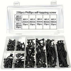 230 stuks M3.5 Zelfborende Schroeven, Zwart Koolstofstaal Kruiskop Platkop Micro Schroeven, Ronde Verzonken Schroeven Assortiment Kit, 105 stuks Gegalvaniseerde Houtschroeven