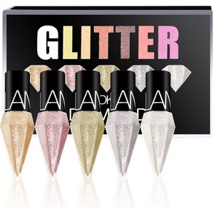 Set van 5 glinsterende gekleurde vloeibare eyeliners met een gladde fijne kwastpunt en glinsterende oogschaduw.