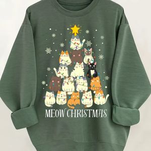 Vrouwelijke Feestelijke Kerstboomprint Sweatshirt - Casual Crew Neck Lange Mouw Polyester Blend Pullover met Gebreide Stof voor alle Seizoenen