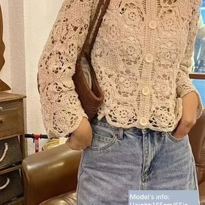 Bohemian Stijl Hol Geweven Vest met Lange Mouwen | Elegante Casual Vakantie Jas, Lente/Zomer/Herfst, Knoopsluiting, Asymmetrische Zoom, Geschikt voor 14-16 Jaar, Voor Tieners
